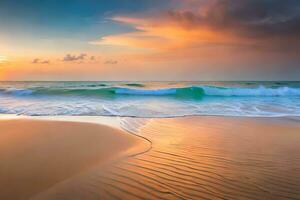 un hermosa puesta de sol terminado el Oceano con ondas. generado por ai foto