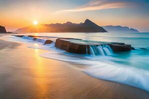 a beautiful sunset over the ocean with waves crashing on the shore. AI-Generated photo