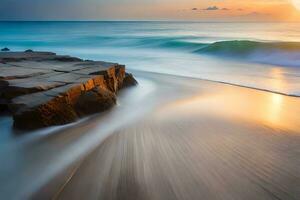 un largo exposición fotografía de el Oceano y rocas a puesta de sol. generado por ai foto