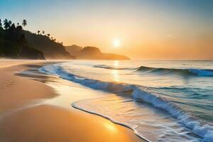 a beautiful beach scene with the sun setting over the ocean. AI-Generated photo