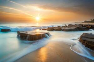 un hermosa puesta de sol terminado el Oceano con olas estrellarse en el rocas generado por ai foto