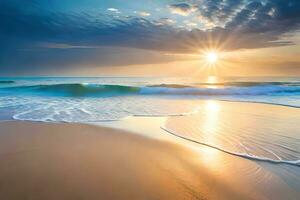 sunset on the beach with waves and ocean. AI-Generated photo