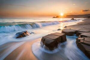 a beautiful sunset over the ocean with waves crashing on the rocks. AI-Generated photo