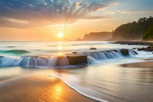 a beautiful sunset over the ocean with waves crashing into the shore. AI-Generated photo
