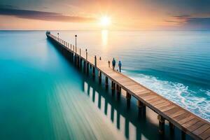 dos personas caminar a lo largo un muelle a puesta de sol. generado por ai foto