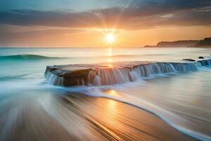 a long exposure photograph of waves crashing into the shore at sunset. AI-Generated photo