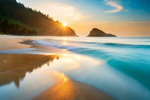 sunset on the beach with waves and trees. AI-Generated photo