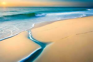 a beach with waves and sand at sunset. AI-Generated photo