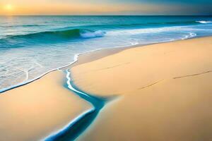 un playa con olas y arena a puesta de sol. generado por ai foto