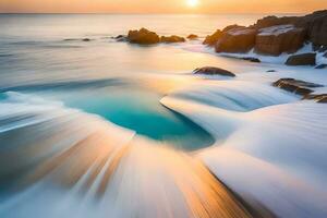 a long exposure photograph of waves crashing into rocks at sunset. AI-Generated photo