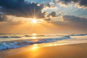sunset on the beach with waves and clouds. AI-Generated photo