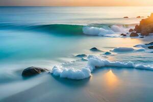 un hermosa puesta de sol terminado el Oceano con olas estrellarse en el costa. generado por ai foto