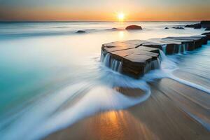 a long exposure photograph of waves crashing into the shore. AI-Generated photo