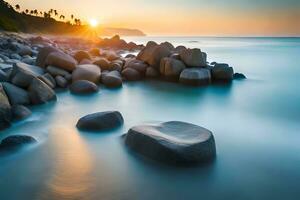 the sun rises over the ocean and rocks in the water. AI-Generated photo