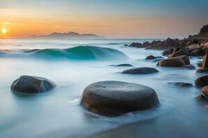 a long exposure photograph of rocks and water at sunset. AI-Generated photo