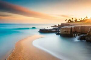 un largo exposición fotografía de el Oceano y rocas a puesta de sol. generado por ai foto