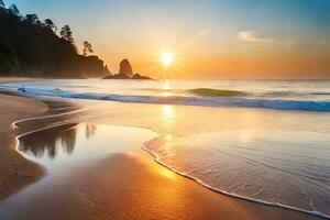 sunset on the beach at cannon beach, oregon. AI-Generated photo