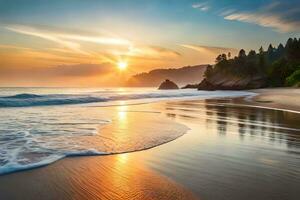 sunset on the beach with waves and trees. AI-Generated photo