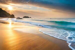 a beach with waves and sun shining on it. AI-Generated photo