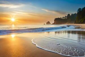 puesta de sol en el playa con olas y arboles generado por ai foto