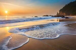 puesta de sol en el playa con olas y rocas generado por ai foto