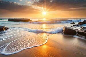 puesta de sol terminado el Oceano con olas estrellarse en el playa. generado por ai foto