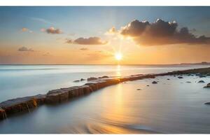 a long exposure photograph of the sun setting over the ocean. AI-Generated photo