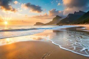 sunset on the beach with waves and mountains. AI-Generated photo