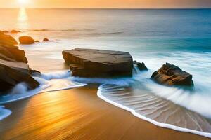 un hermosa puesta de sol terminado el Oceano con olas estrellarse en el costa. generado por ai foto