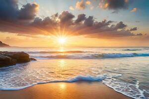 sunset on the beach with waves and rocks. AI-Generated photo