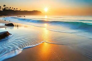 sunset on the beach with waves and rocks. AI-Generated photo