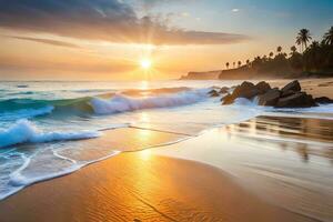 sunset on the beach with waves and palm trees. AI-Generated photo
