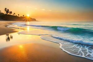 sunset on the beach with waves and palm trees. AI-Generated photo