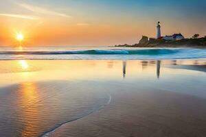 a lighthouse is reflected in the water at sunset. AI-Generated photo