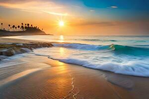 sunset on the beach with waves and palm trees. AI-Generated photo