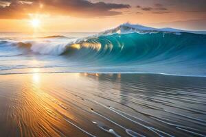 un hermosa puesta de sol terminado el Oceano ondas. generado por ai foto