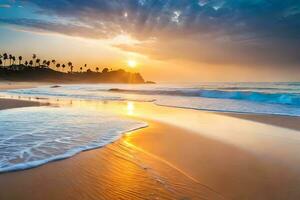 puesta de sol a el playa con olas y palma arboles generado por ai foto