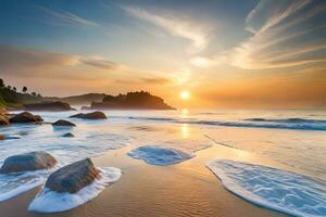 puesta de sol en el playa con olas y rocas generado por ai foto