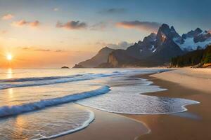the sun sets over a beach and mountains. AI-Generated photo