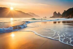 sunset on the beach with waves and rocks. AI-Generated photo