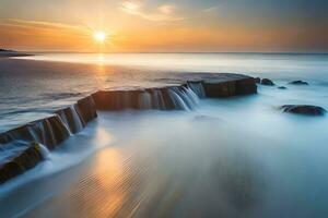 a long exposure photograph of a waterfall flowing into the ocean. AI-Generated photo