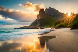 sunset on the beach with mountains in the background. AI-Generated photo