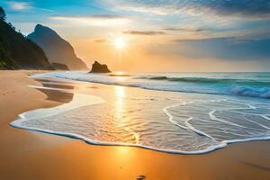 sunset on the beach with waves and rocks. AI-Generated photo
