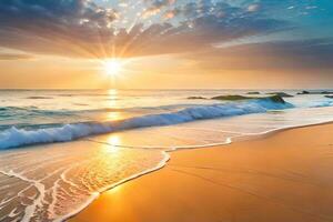sunset on the beach with waves and sand. AI-Generated photo