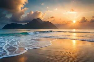 puesta de sol en el playa con olas y montañas. generado por ai foto