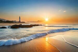 a lighthouse is seen in the distance at sunset. AI-Generated photo