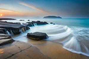 a long exposure photograph of waves crashing on the beach. AI-Generated photo