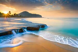 a beautiful sunset over the ocean with waves crashing into the sand. AI-Generated photo