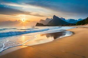 sunset on the beach with waves and mountains. AI-Generated photo