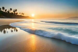 a beautiful sunset on a beach with waves and palm trees. AI-Generated photo